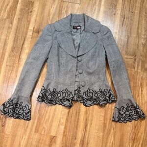 Escada Vintage Wool Embroidered Fitted Flared Waist Bell Sleeve Blazer Size 36